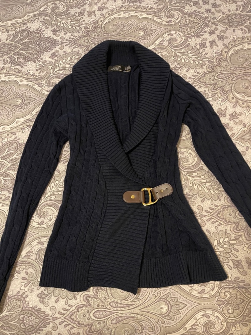 Lauren Ralph Lauren Navy Cable-Knit Shawl Collar Cardigan with Buckle
